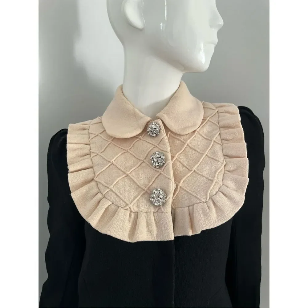 Black Baby Doll Bib Long Coat Sz XS 100% Wool Mushroom Bejeweled Buttons - Picture 11 of 11